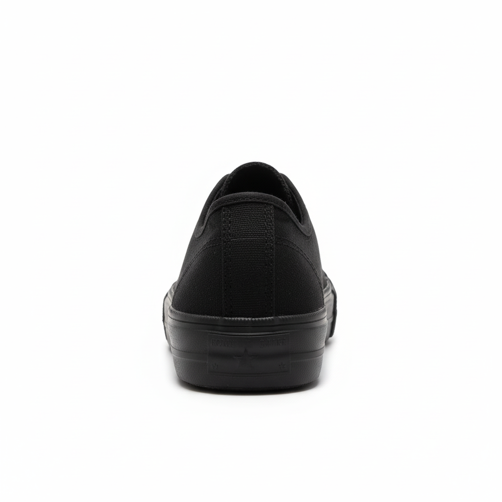 Back view of all-black low-top sneaker