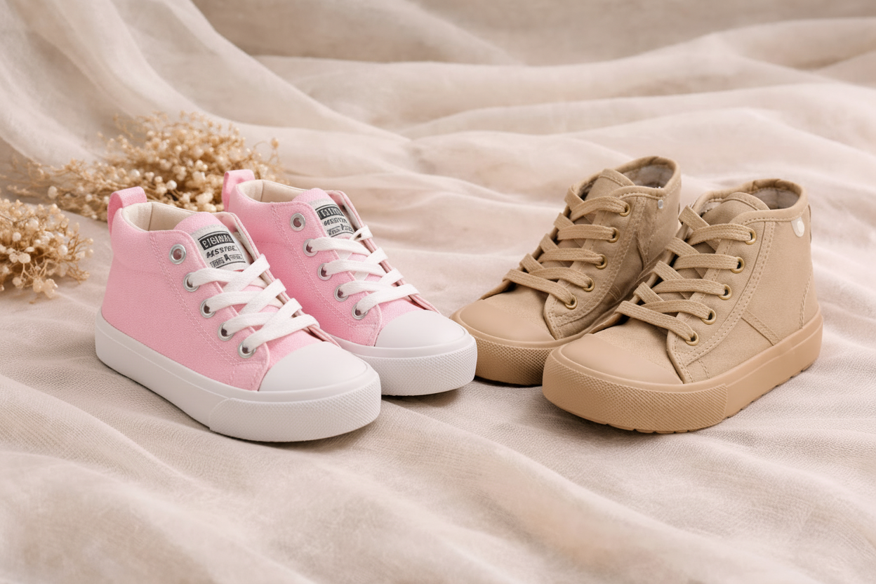 Landscape hero image with pink and beige sneakers