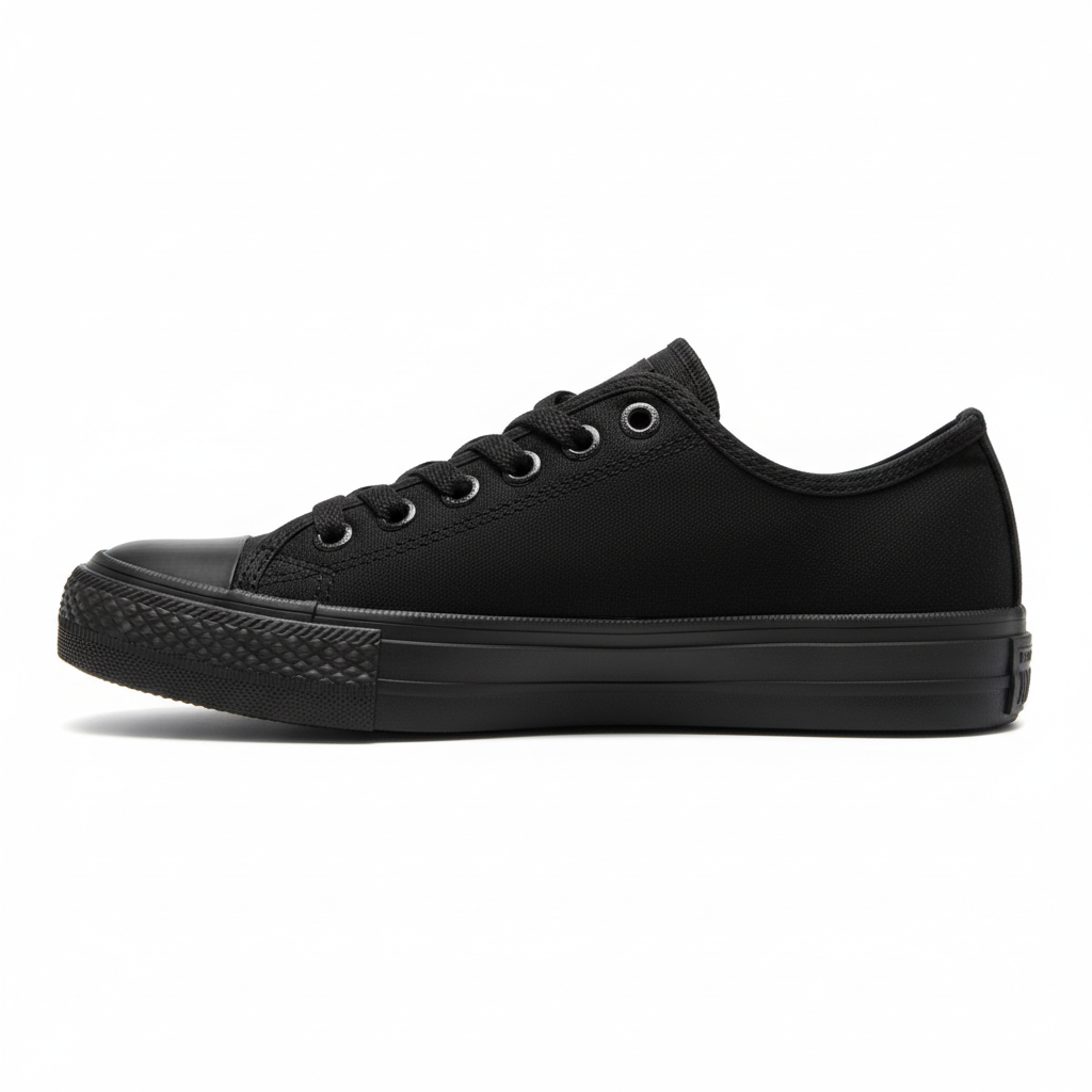 Side view of all-black low-top sneaker