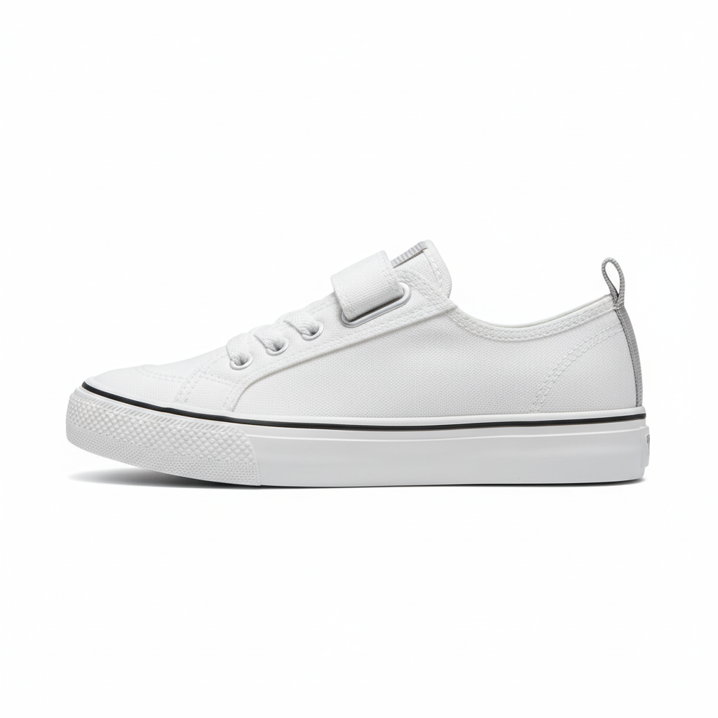 Side view of white sneaker with grey heel