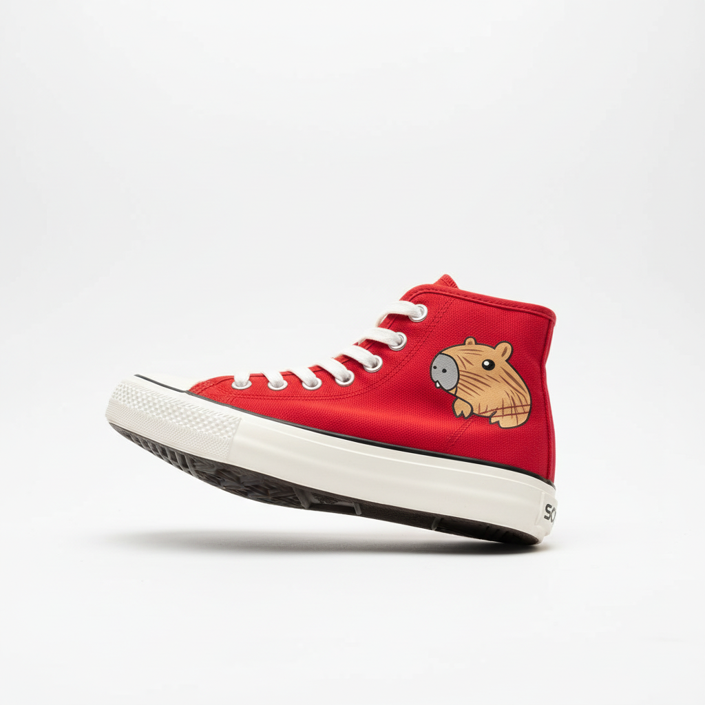 Sole view of red dog graphic sneaker